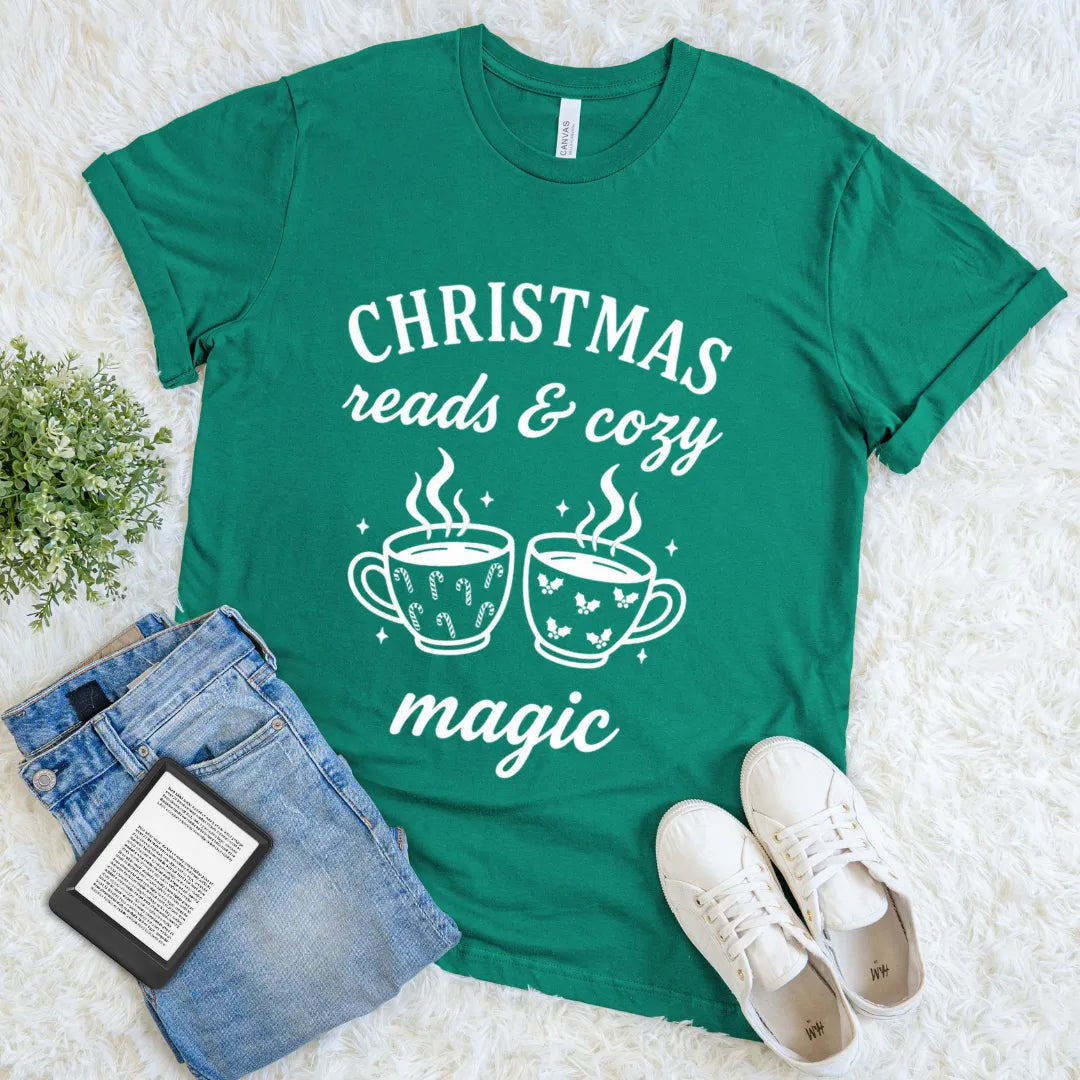 Cozy reader shirt with Christmas-themed mugs and script text in green