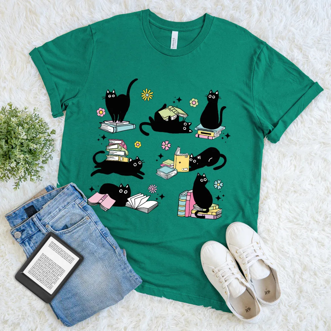 Funny book lover tee featuring cute chaotic cats