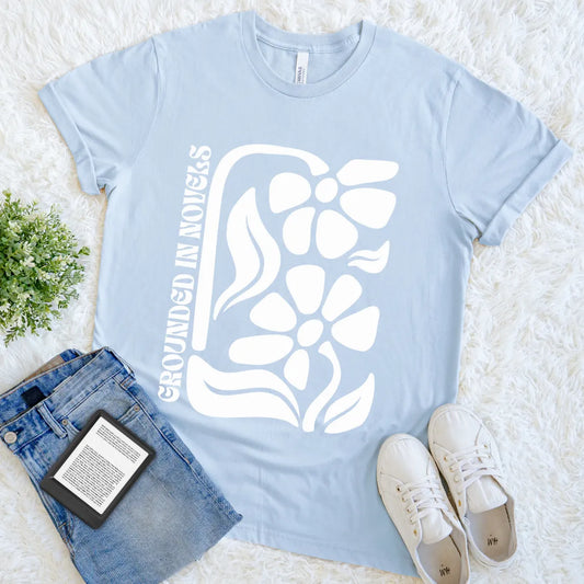 vintage bookish tee with white flower design