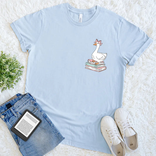 cute bookish silly goose illustration t-shirt