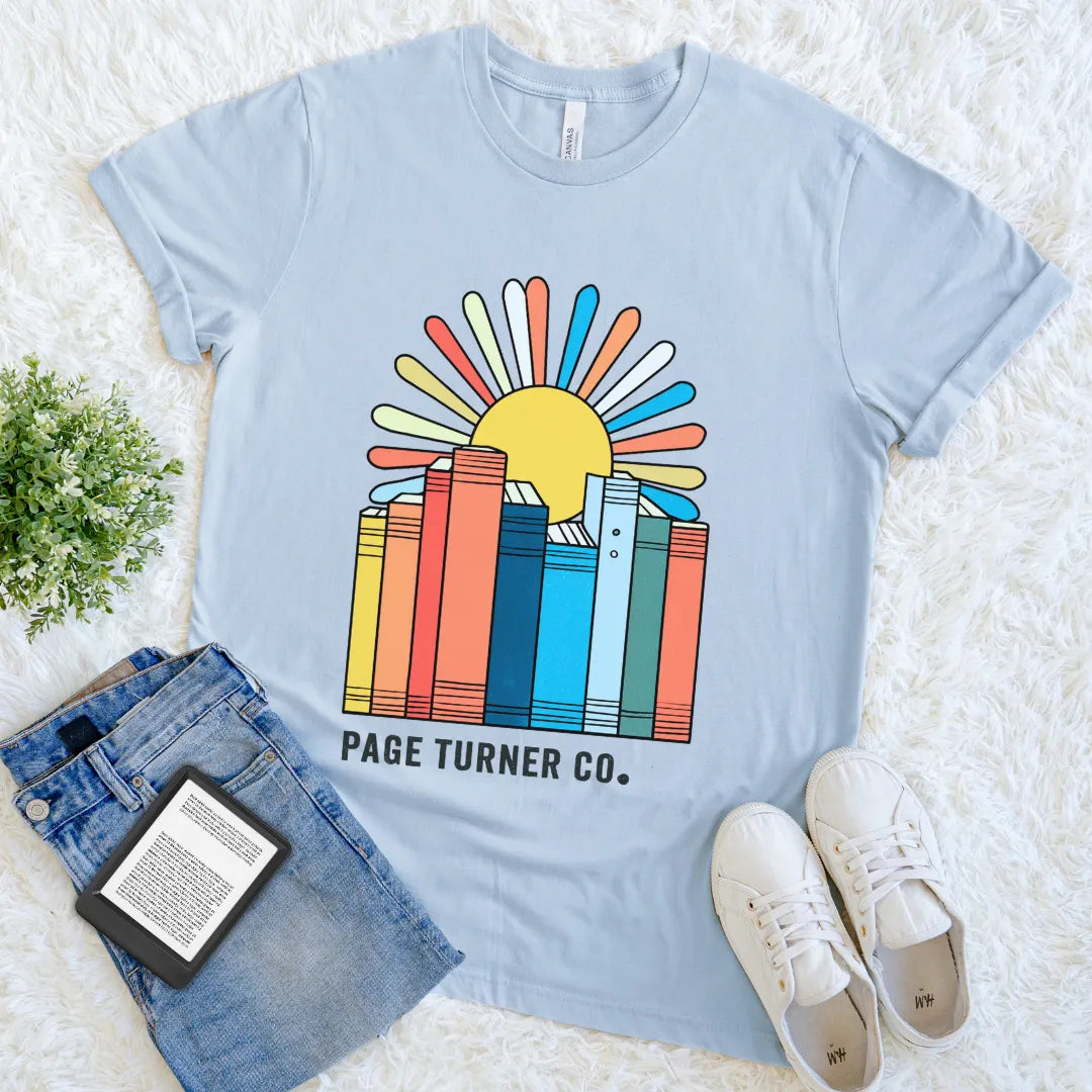 Bookish shirt with warm tones and nostalgic aesthetic in light blue
