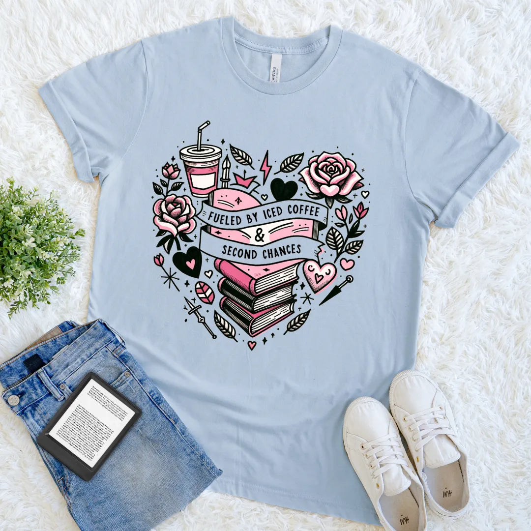 Cute iced coffee and books graphic shirt in light blue