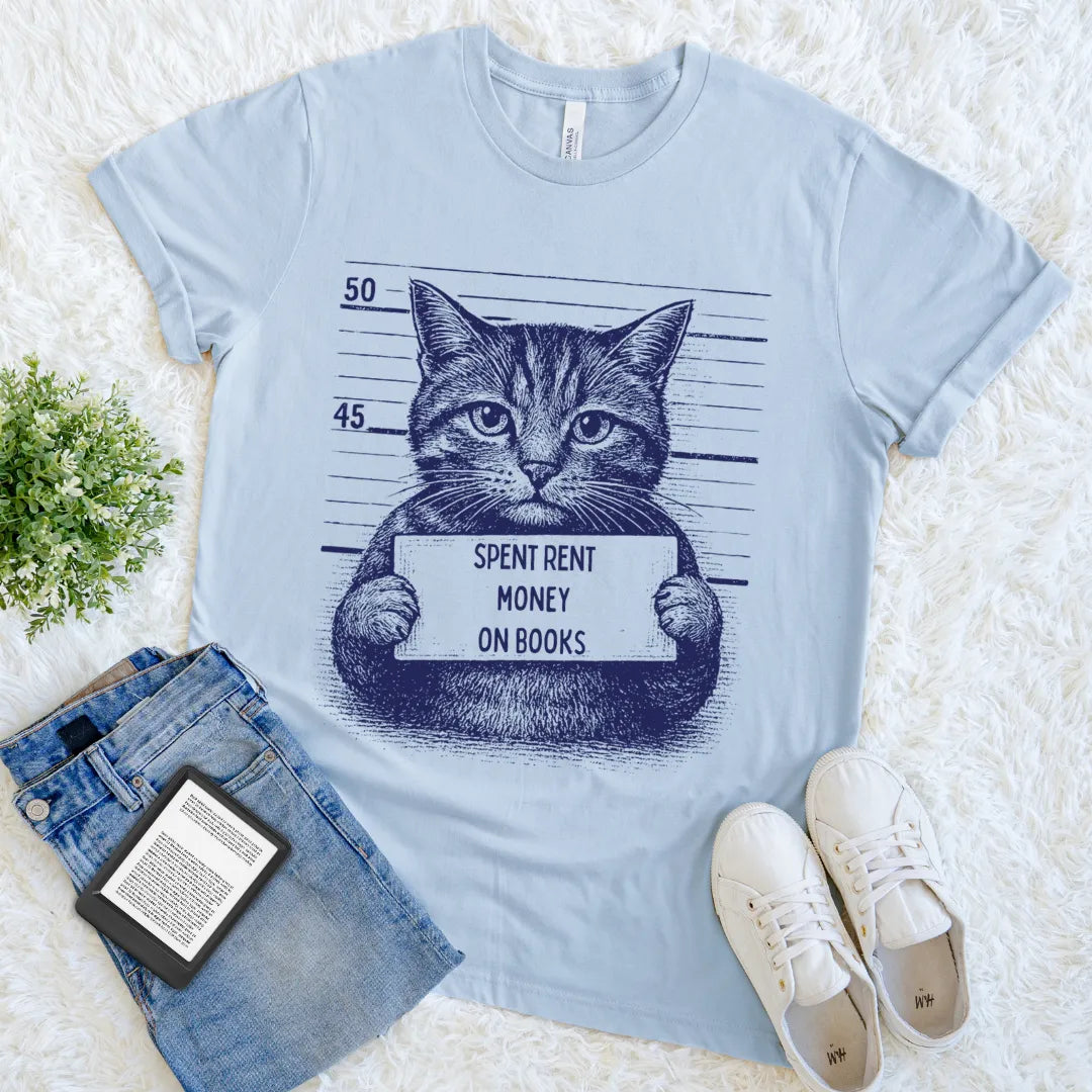 Funny book lover shirt featuring a sketch-style cat in a lineup