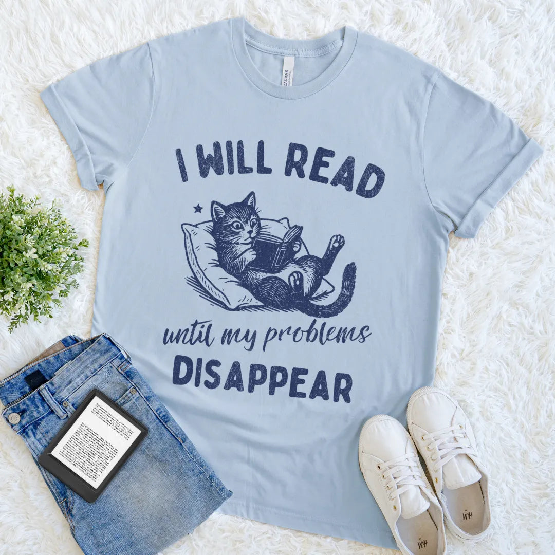 Cozy light blue introvert shirt with cat and book illustration