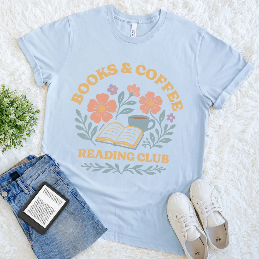 floral reading shirt with coffee and book