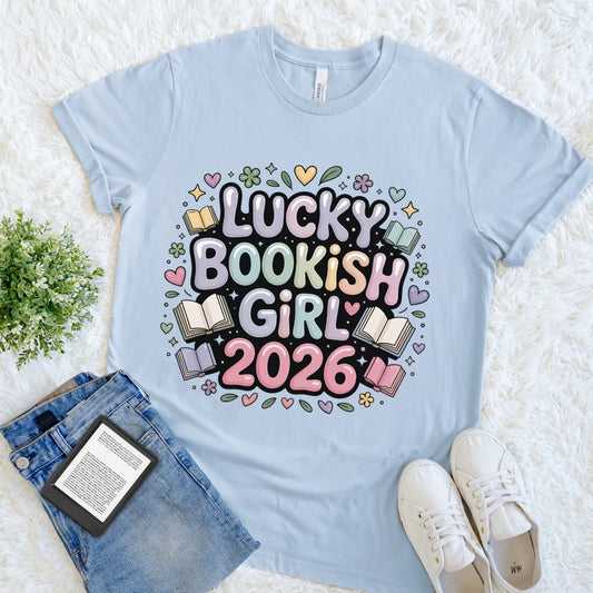 Literary-themed 2026 light blue shirt for young women and girls featuring Cute pastel typography design