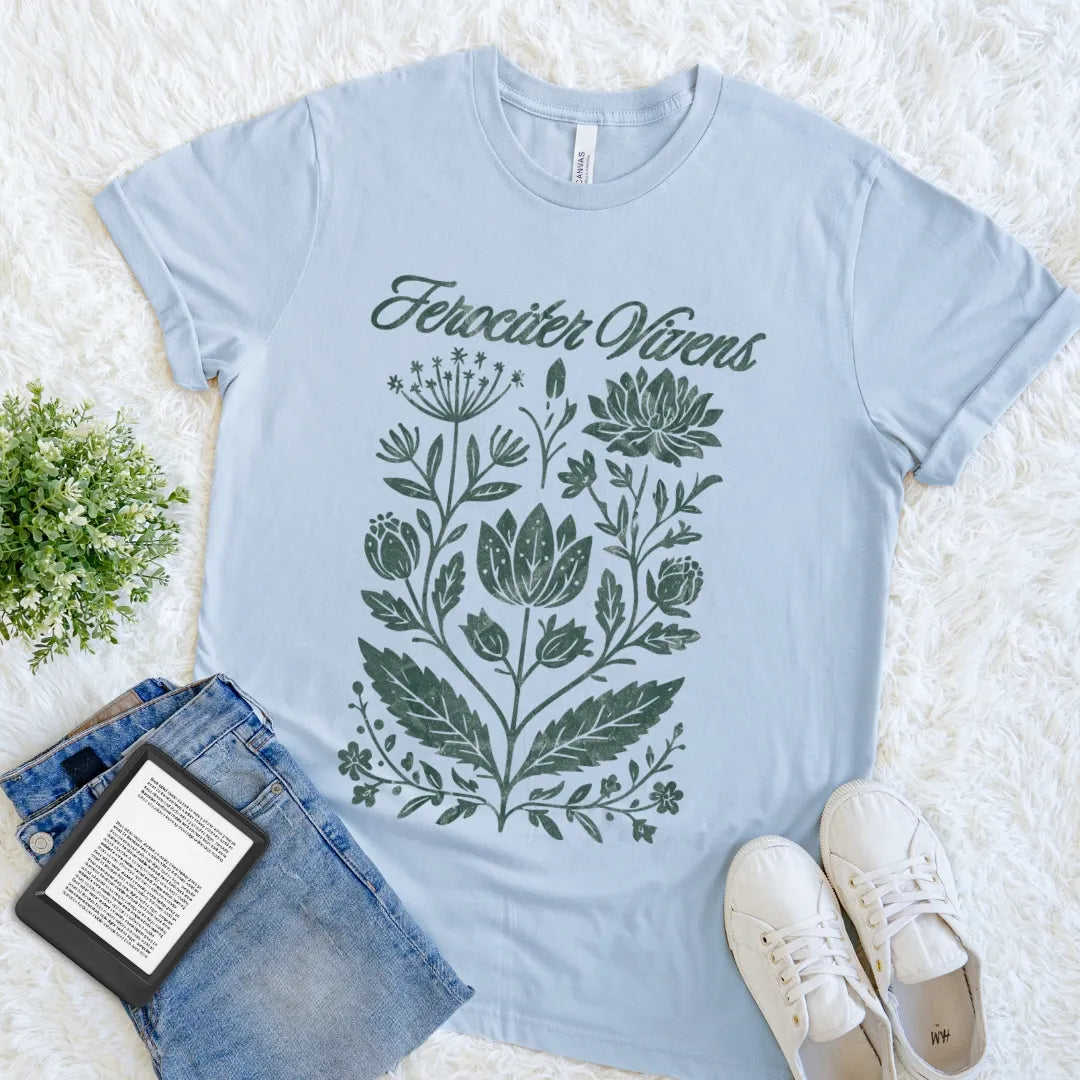 Light Blue Ferociter Vivens Latin T-shirt with a richly detailed botanical print and elegant lettering, a literary dark academia design for thoughtful nonconformists.