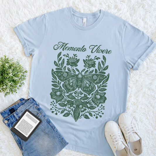 Vintage-style reader shirt featuring detailed butterfly with botanical elements on light blue cotton