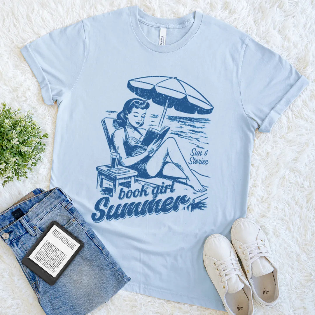 vintage book girl summer reading tee