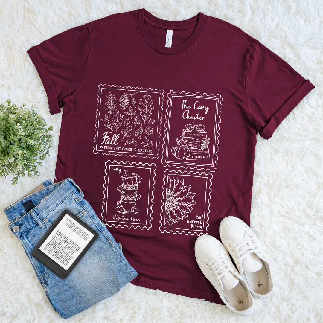 Soft reader maroon shirt with cozy chapter and nature drawings