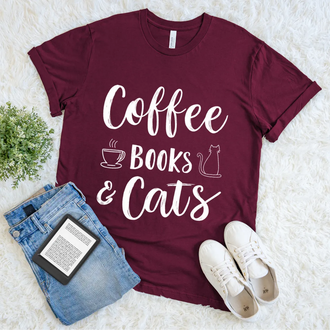 Maroon introvert lifestyle tee for bookworms and cat moms with hand written quote and doodle