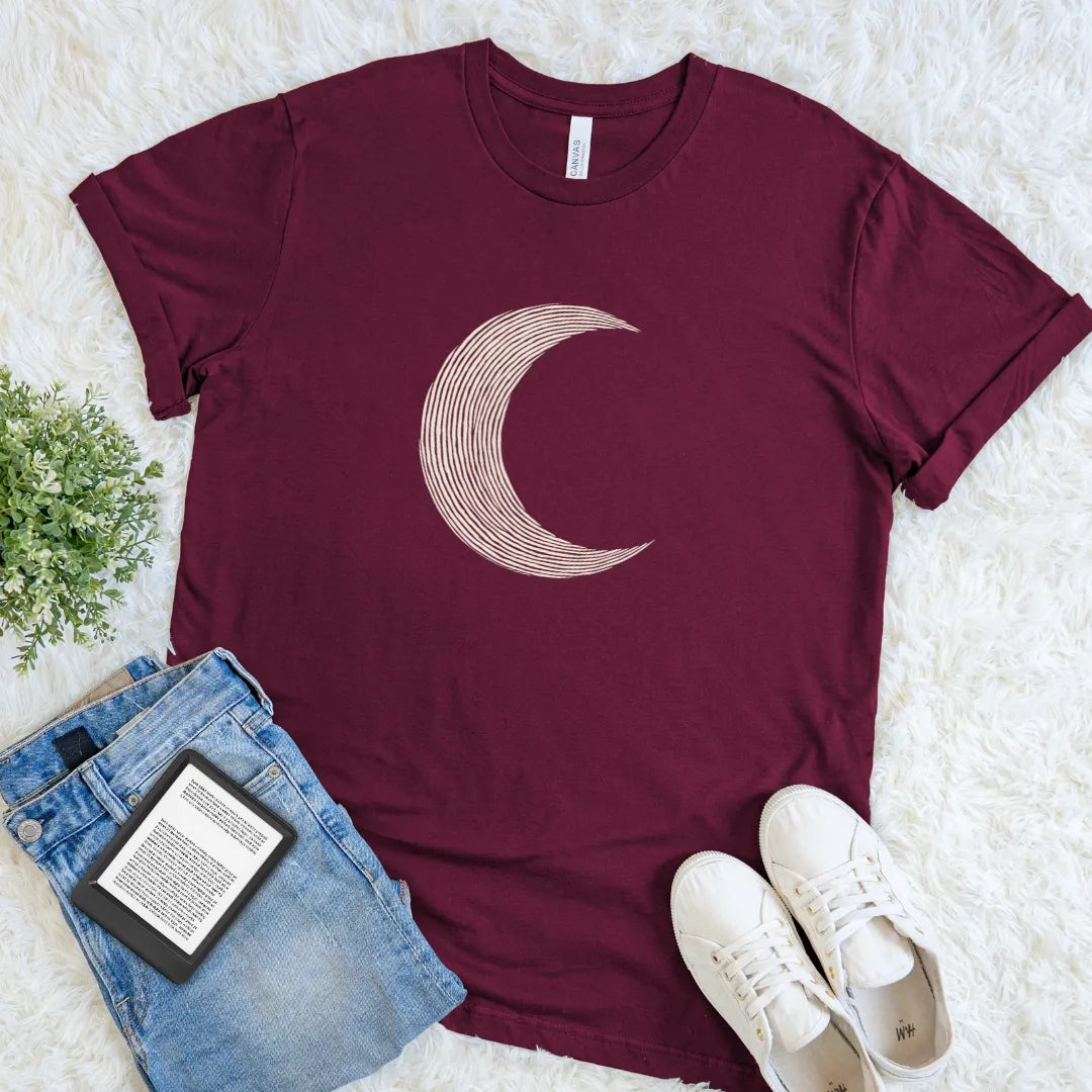 Maroon Crescent Moon tee for stargazers, book lovers, and quiet late-night outfits