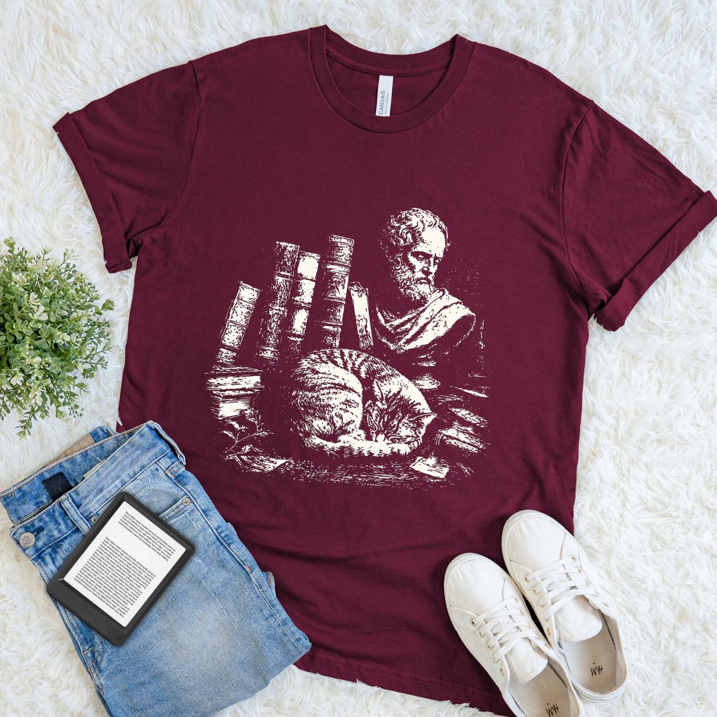 Dark Academia Graphic T-shirt - Library Cat and Classical Books Vintage Scholar Tee