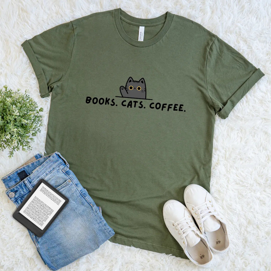 Military green T-shirt with clean type and cat illustration
