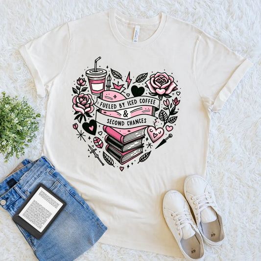 Cream T-shirt with “Fueled by Iced Coffee & Second Chances” bookish design