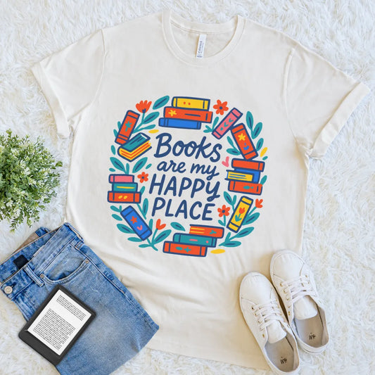 Whimsical literary shirt with playful colors and positive quote