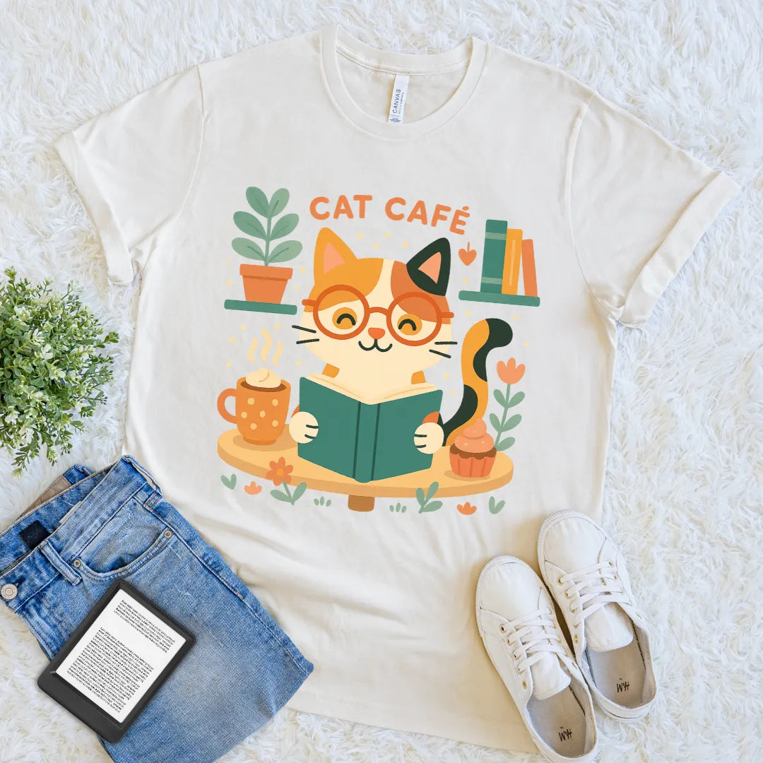 Cream shirt with bookish cat illustration with café and cozy decor