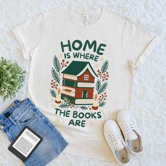 Cream T-shirt with book-shaped cabin and cozy foliage design