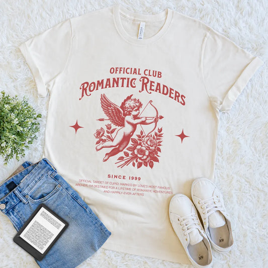 book lover cream t-shirt with red vintage cupid and floral print