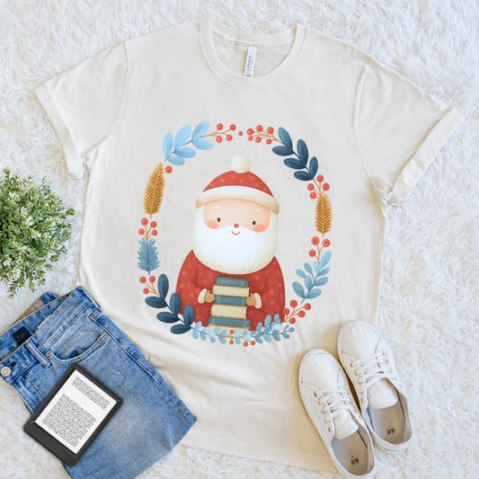 Cream holiday bookish t shirt with Santa Claus and cozy seasonal colors