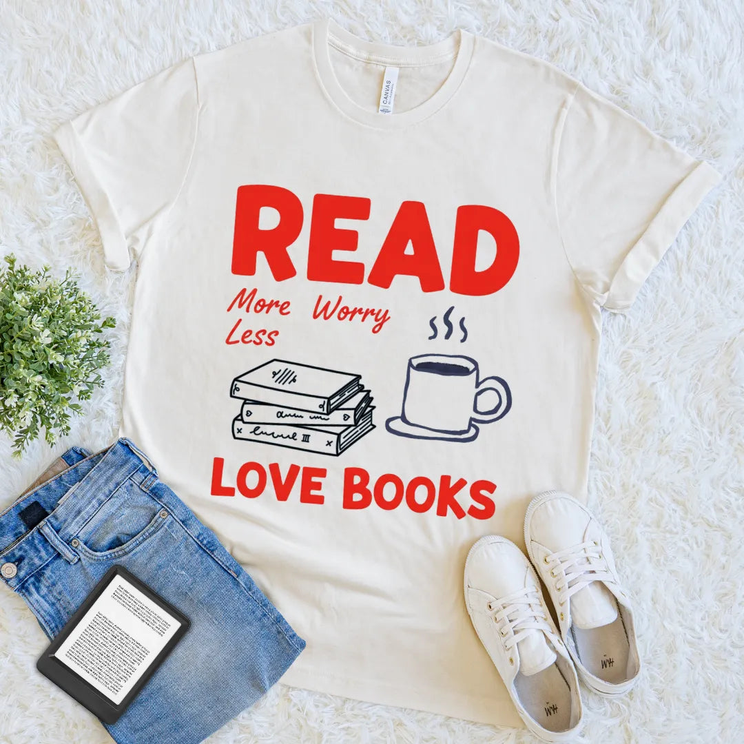 Cozy reading design with bold red text and hand-drawn books on cream t-shirt