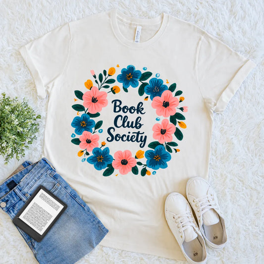 Cream cute book club shirt with pink and blue flower design