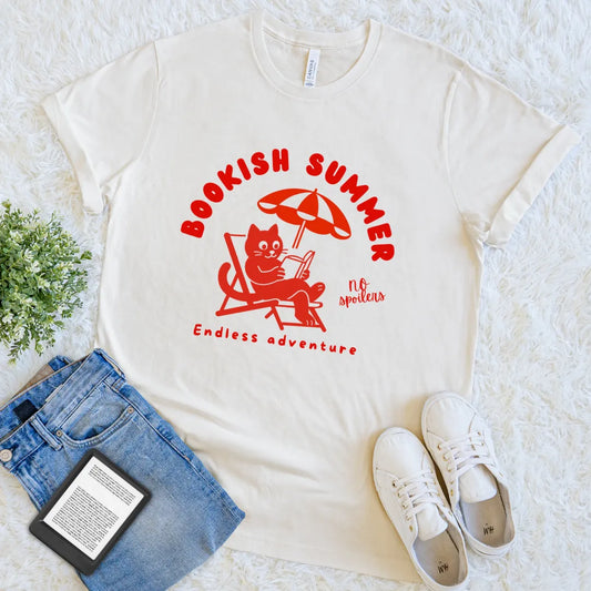 funny book lover vacation t-shirt with umbrella cat design
