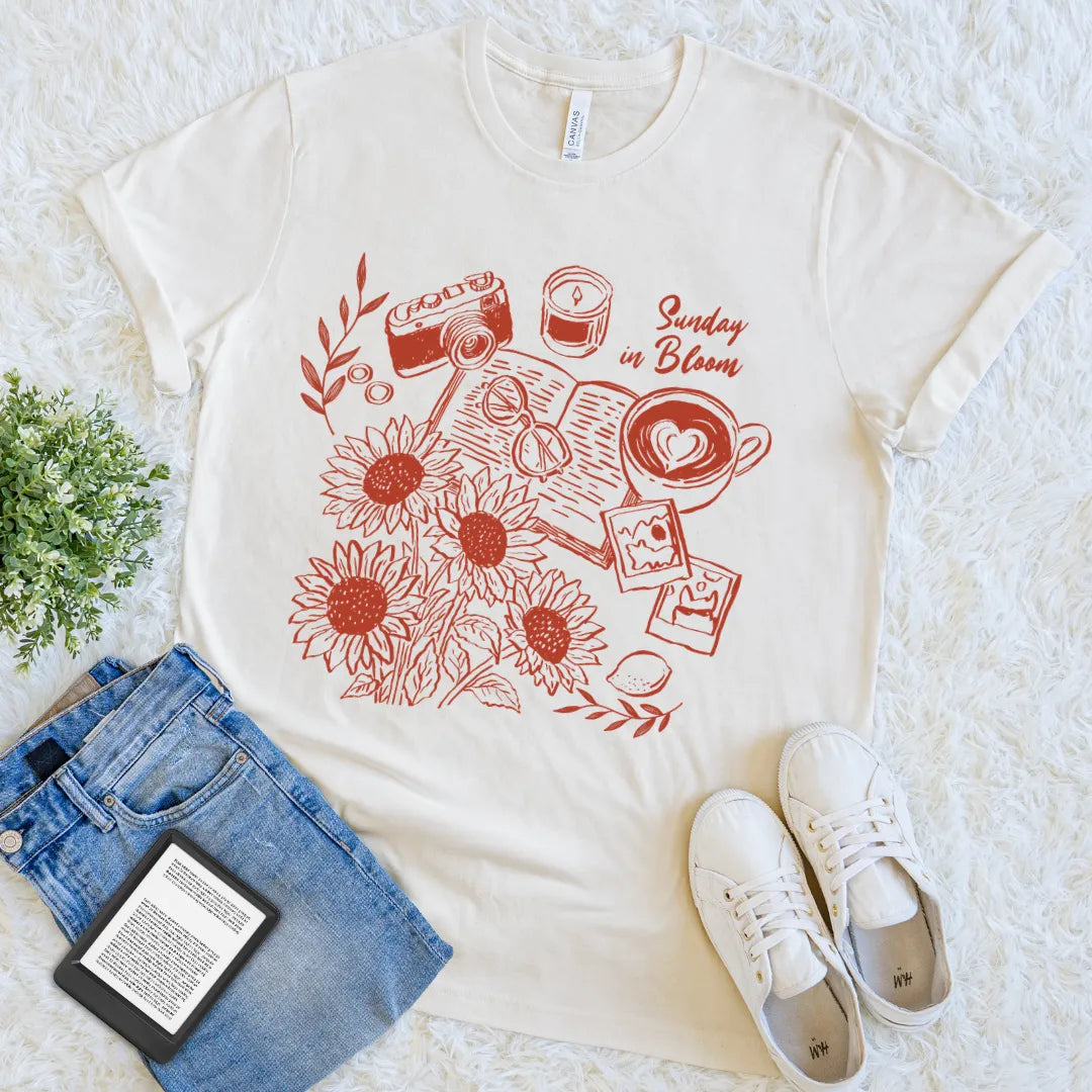 romantic vintage reading shirt with latte and flowers