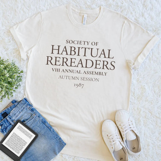 Natural literary society tee featuring an old-school Habitual Rereaders graphic for readers who revisit favorite books