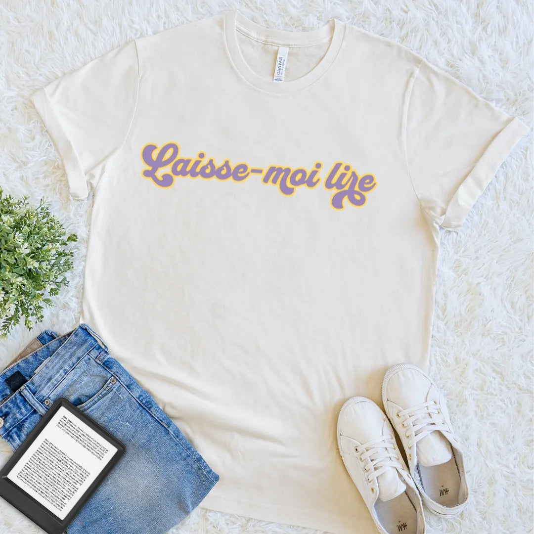 Natural Laisse-Moi Lire French bookish T-shirt with colorful groovy lettering, a vintage-inspired literary tee for readers who prefer not to be interrupted.