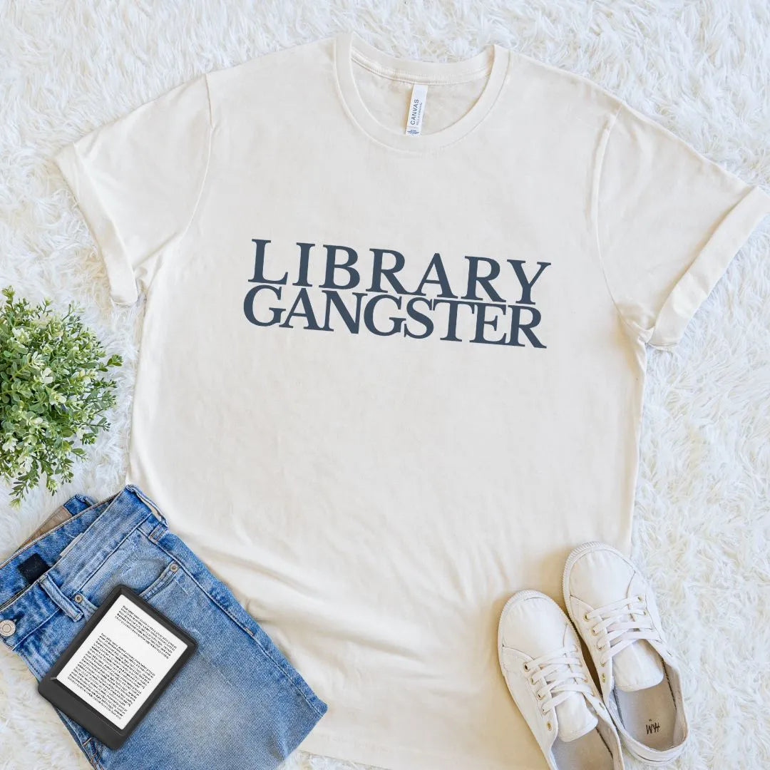 Cream reader shirt with bold Library Gangster literary slogan
