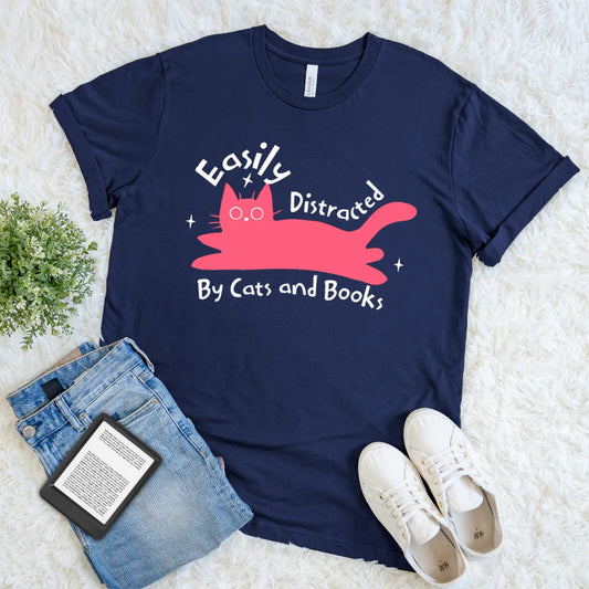 easily distracted by cats and books tee