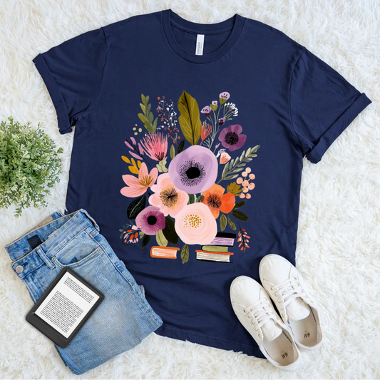 Bookish shirt featuring flowers and colorful book stack in navy, reader gift shirt