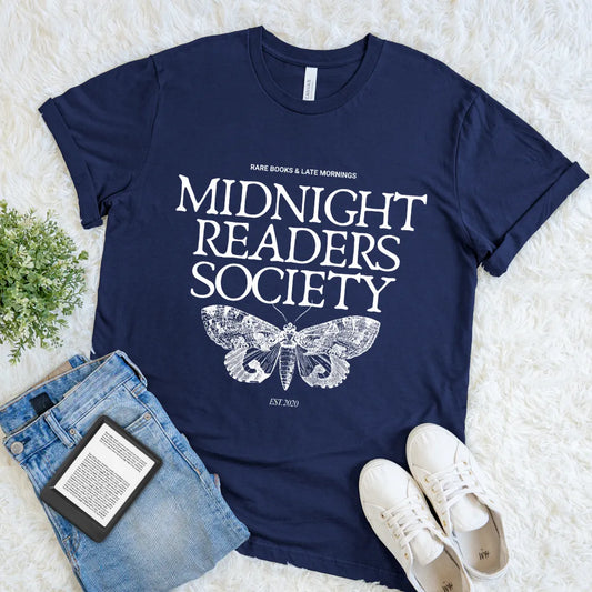 dark academia aesthetic soft cotton shirt with gothic font and insect motif in navy blue