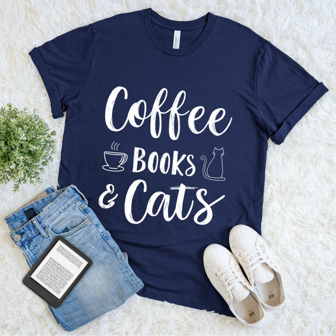 Gift t-shirt for bibliophiles, cat lovers, and coffee drinkers in navy with handwritten quote and doodle