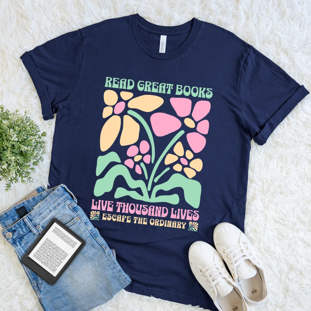 read great books live thousand lives boho floral vintage tee
