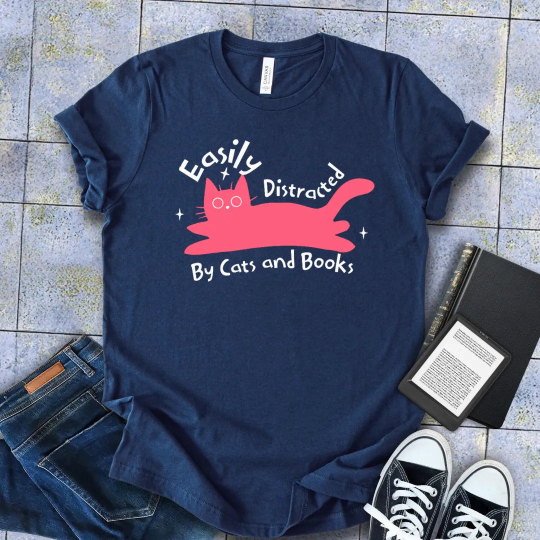 easily distracted by cats and books tee
