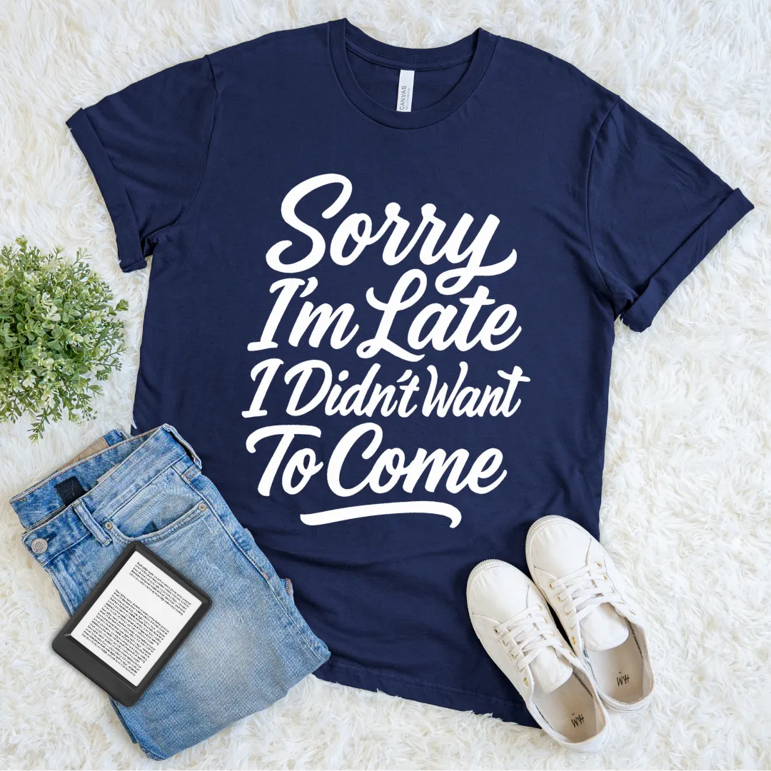 Statement navy tee with humorous excuse printed in white for introverts