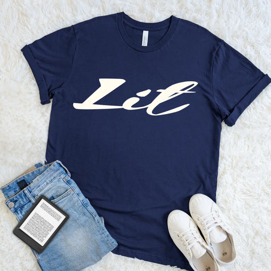 Navy Lit T-shirt with oversized cream retro script and a minimalist literary double meaning