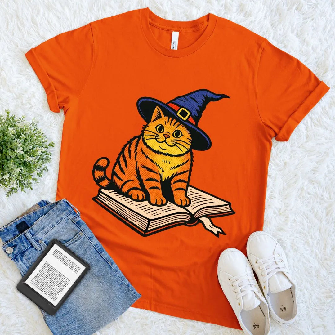 Orange book lover T-shirt featuring a colorful illustration of a cute witch cat sitting on an open book illustration