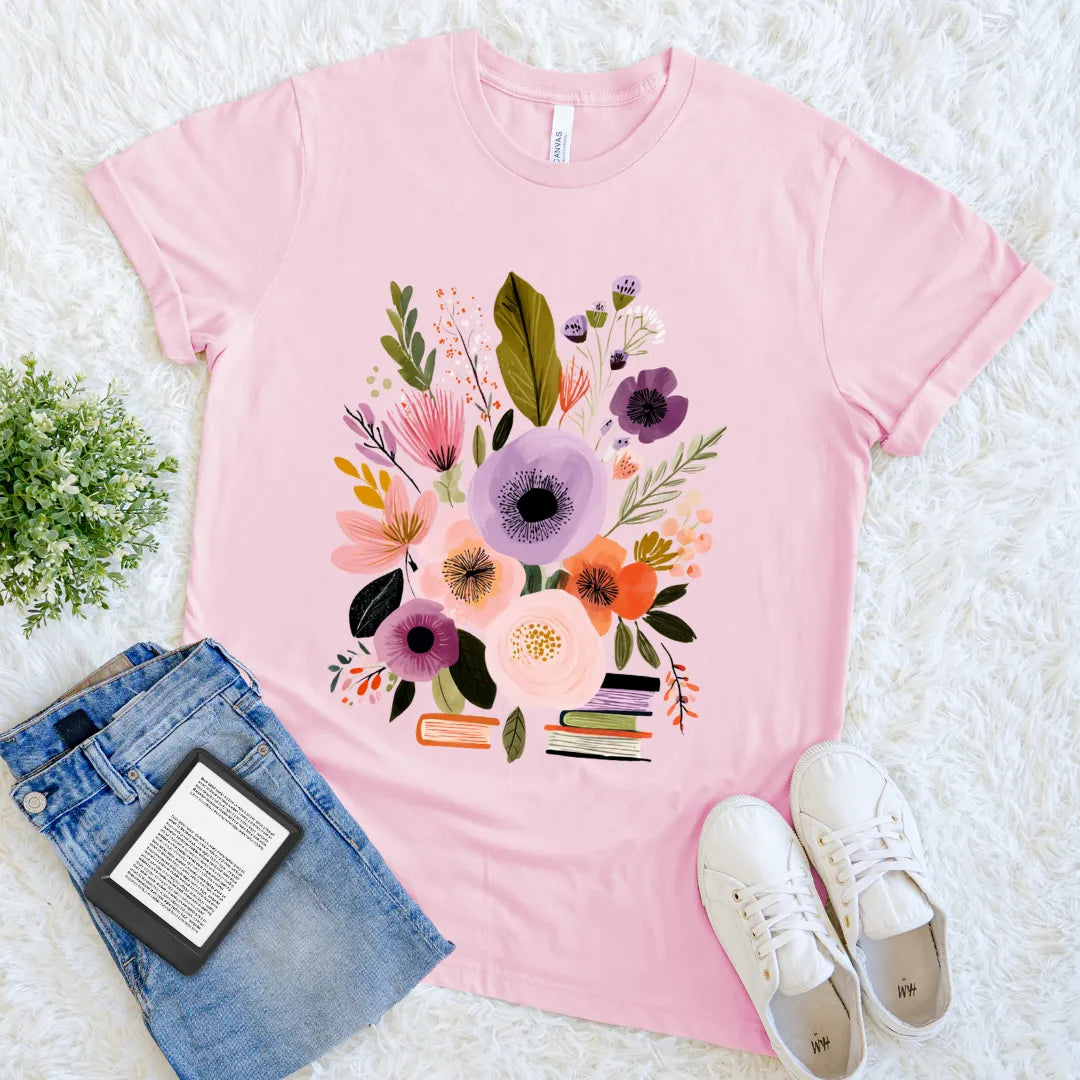 Botanical book lover shirt with wildflowers print, bookish fashion pink tee