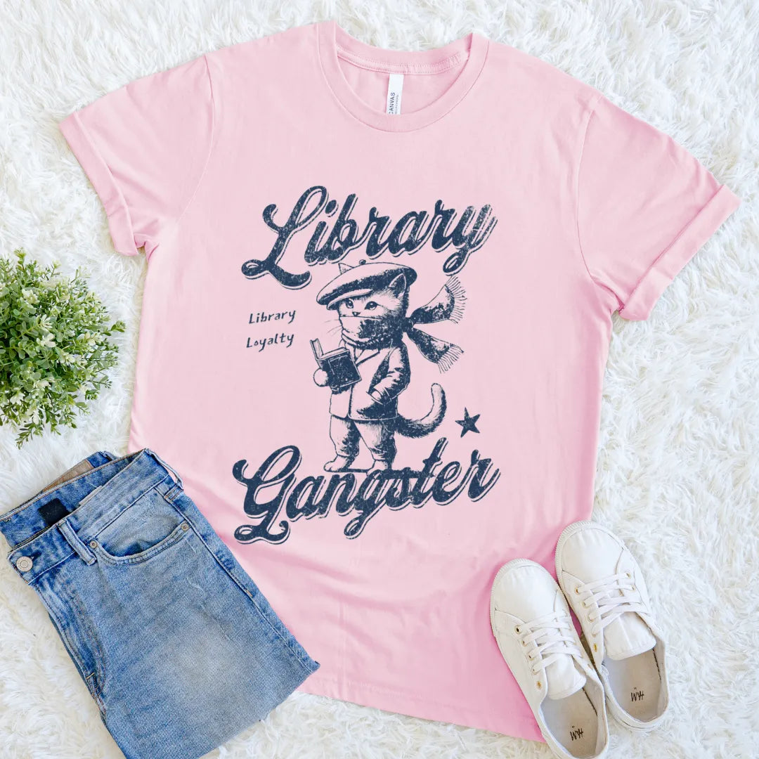 Pink Library Gangster graphic tee with retro cat illustration