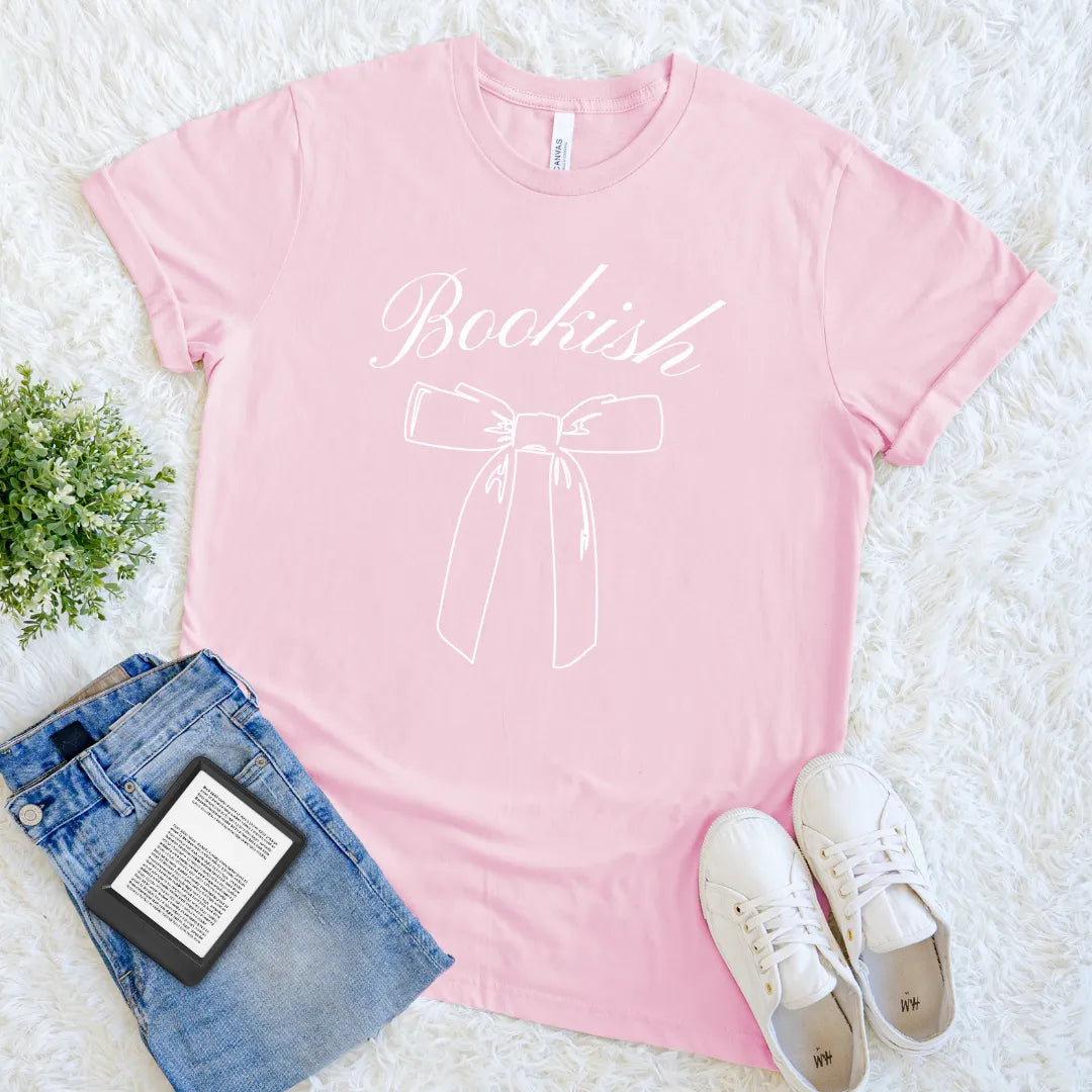 pink reader shirt with romantic typography and ribbon bow design