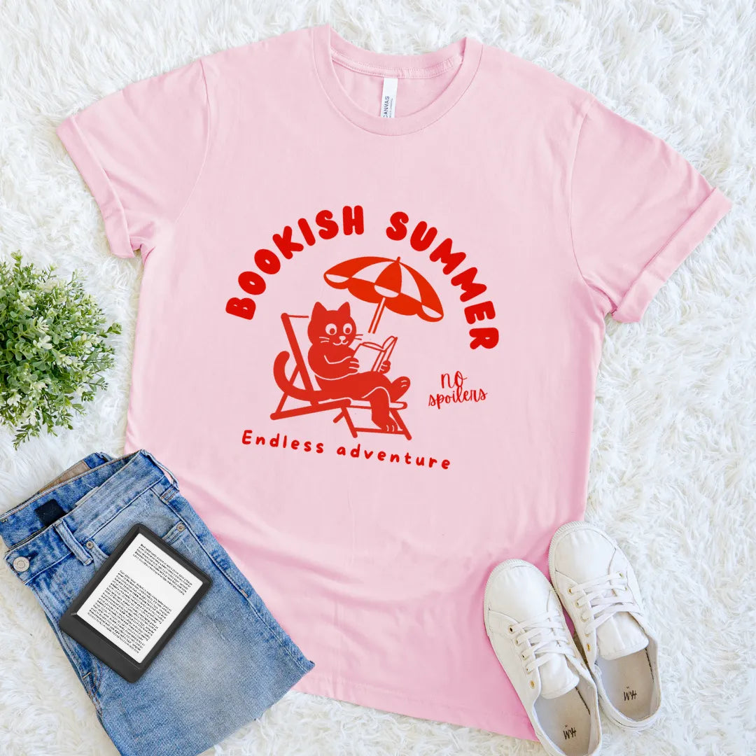 beach bookish summer shirt with reading cat