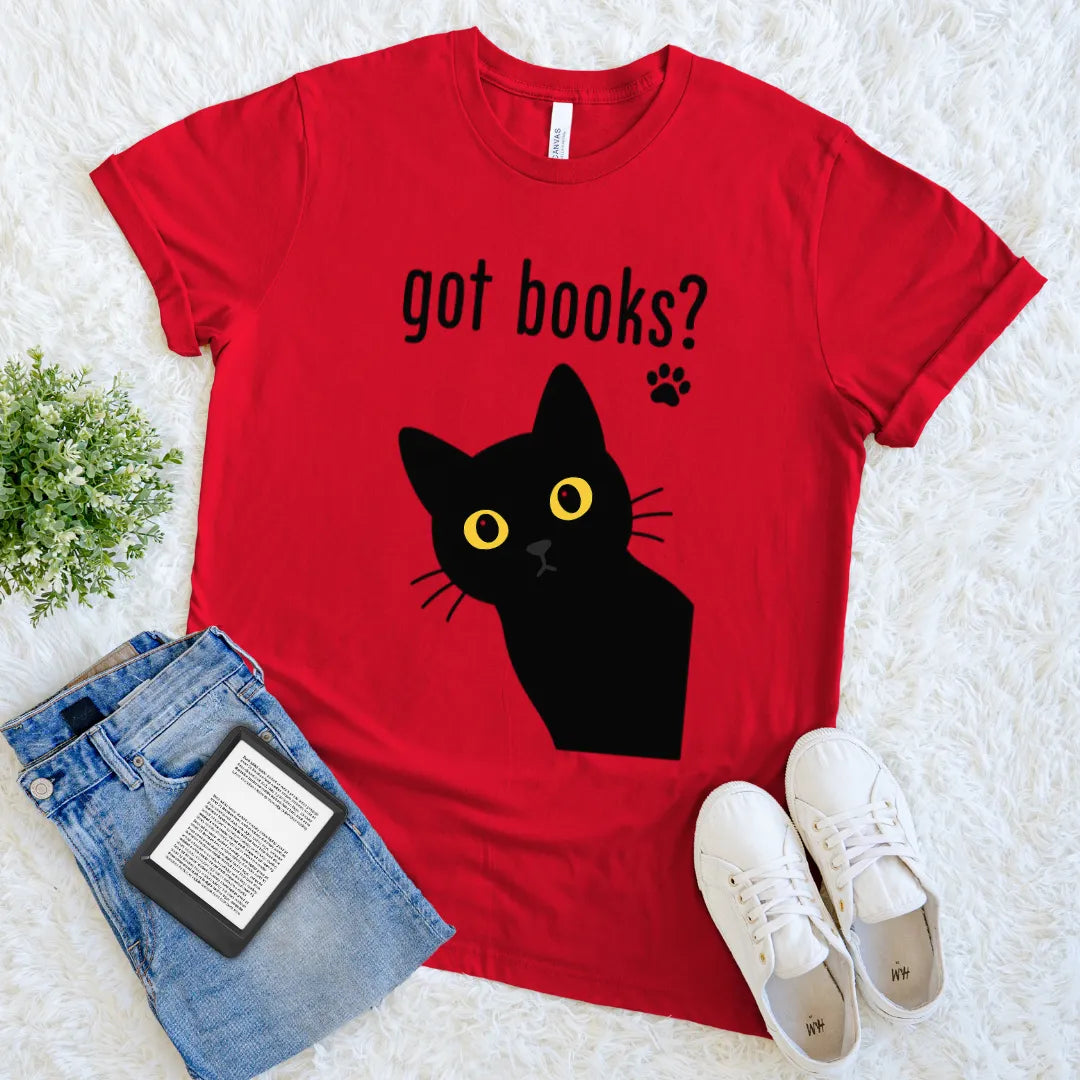 Playful black cat design asking if you have books on red t-shirt