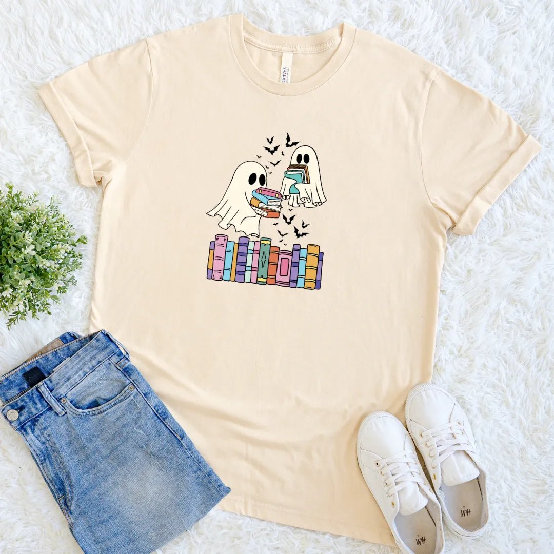 Ghost readers on a cream T-shirt perfect for Halloween or bookworms