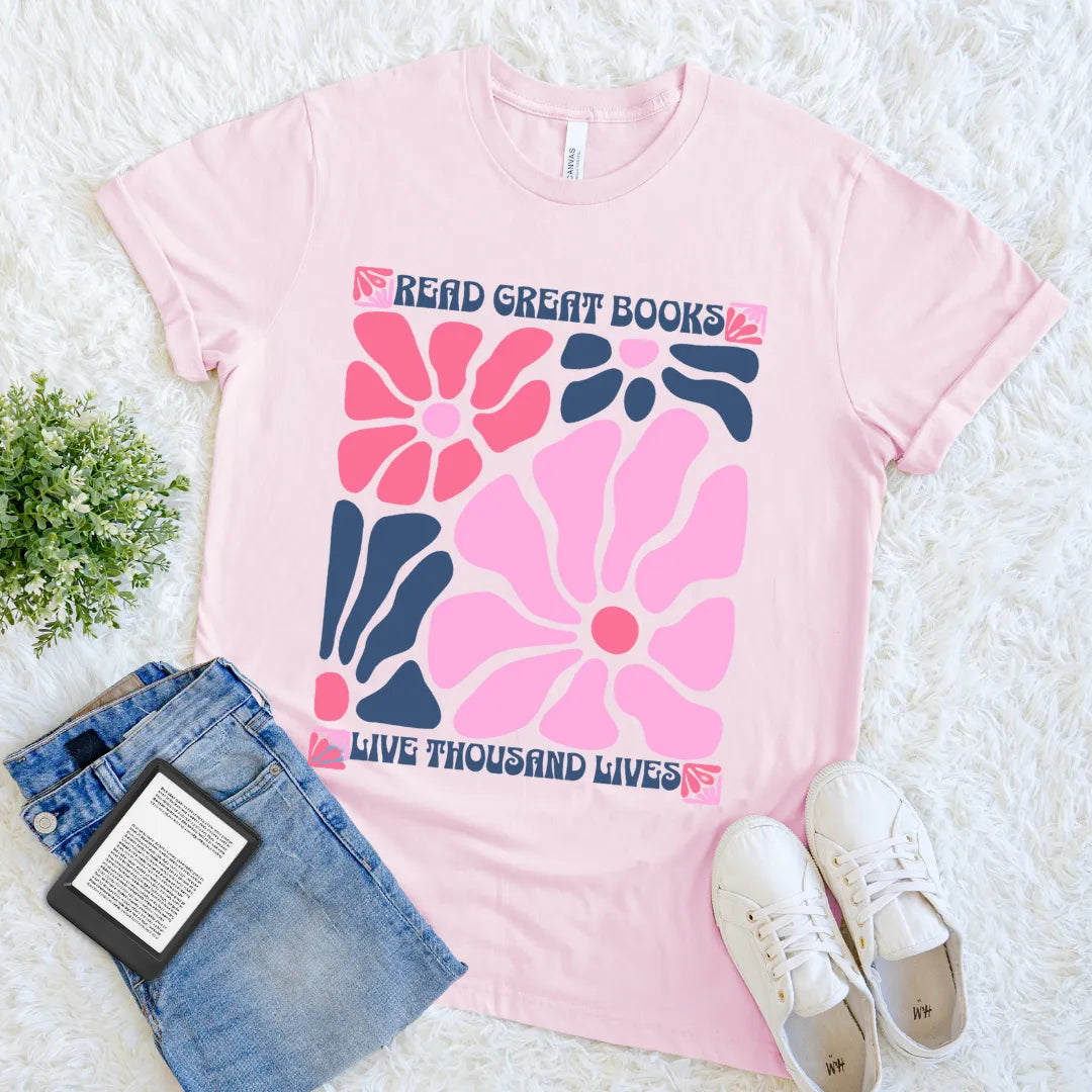 read great books live thousand lives boho floral tee