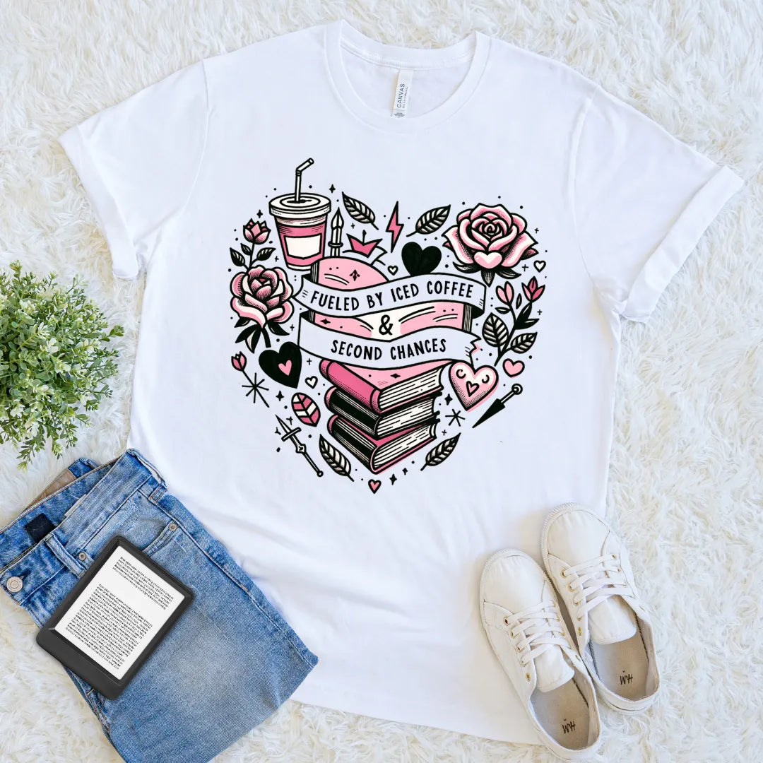 White cozy bookworm tee with iced coffee aesthetic print
