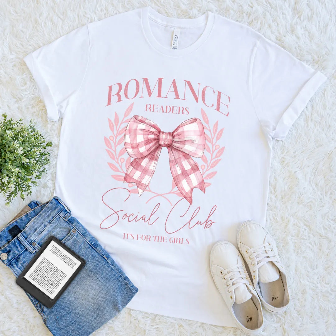 white t-shirt with pink gingham bow and “Romance Readers Social Club” text