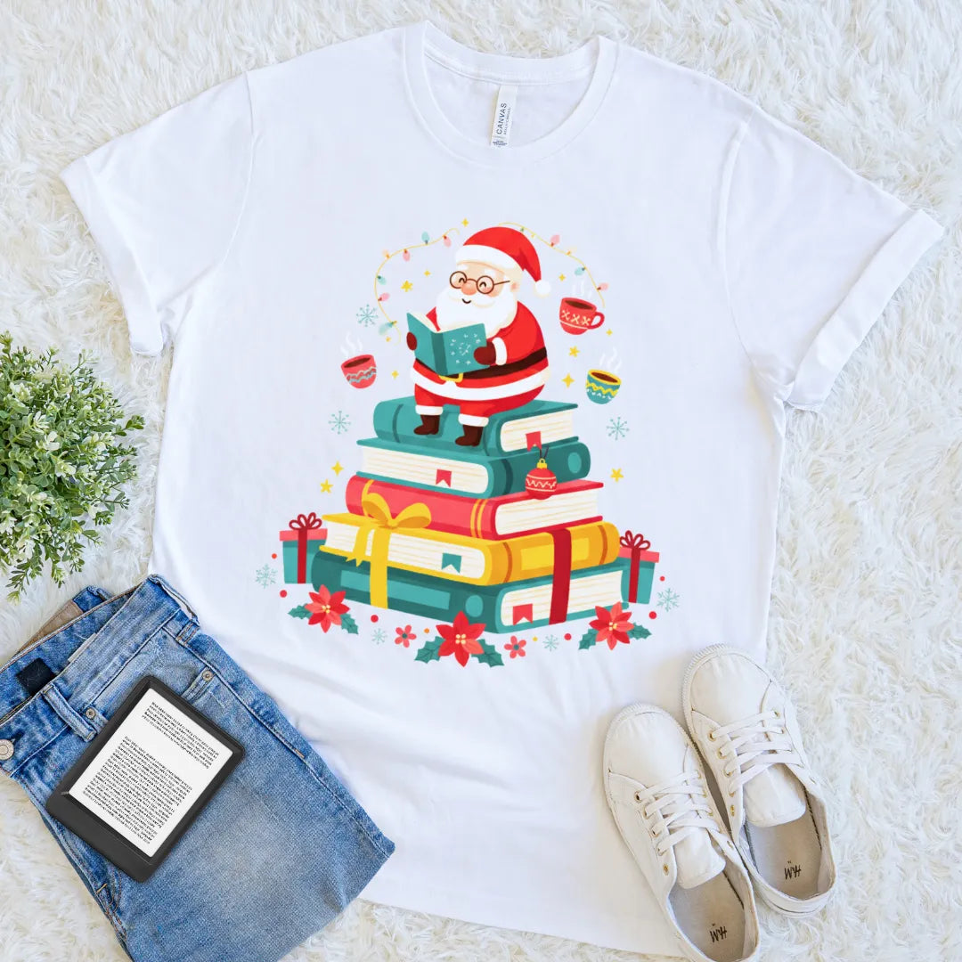 Illustrated bookish design with Santa sitting on colorful presents on white t-shirt